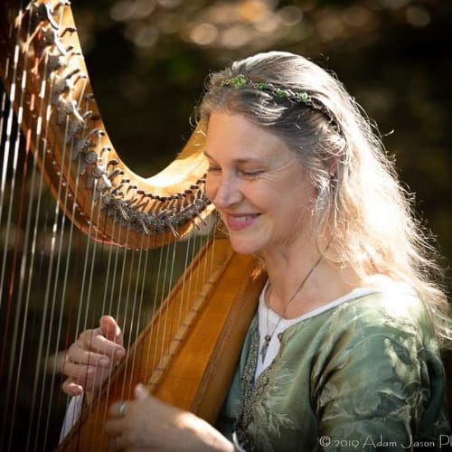 A woman playing a harp