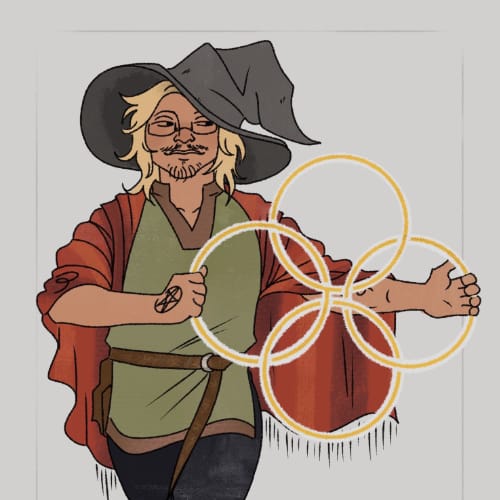 Natalie Starr Storyteller ORF A cartoon of a magician holding 4 large interlocking rings