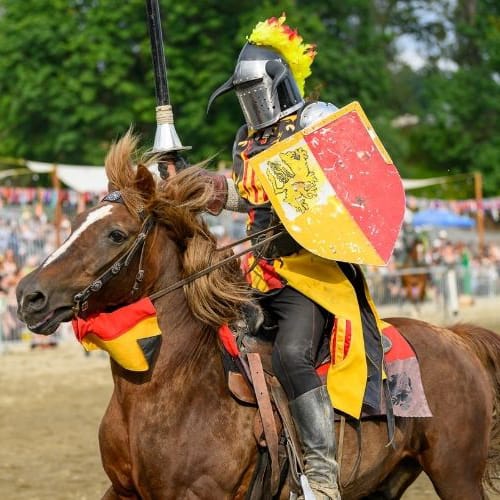 A knight riding in the jousting arena